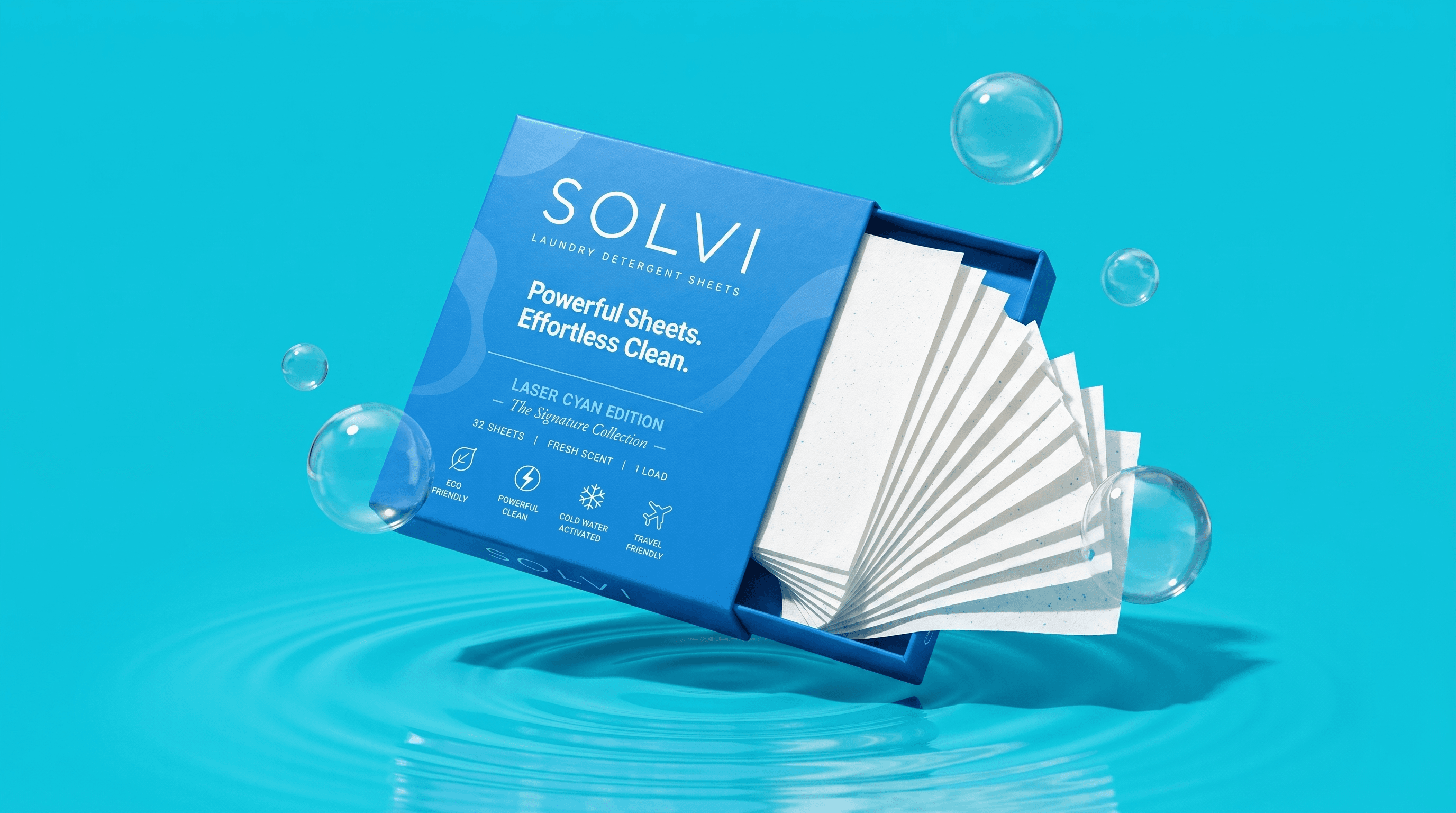 SOLVI Laser Cyan carton with detergent sheets fanning out