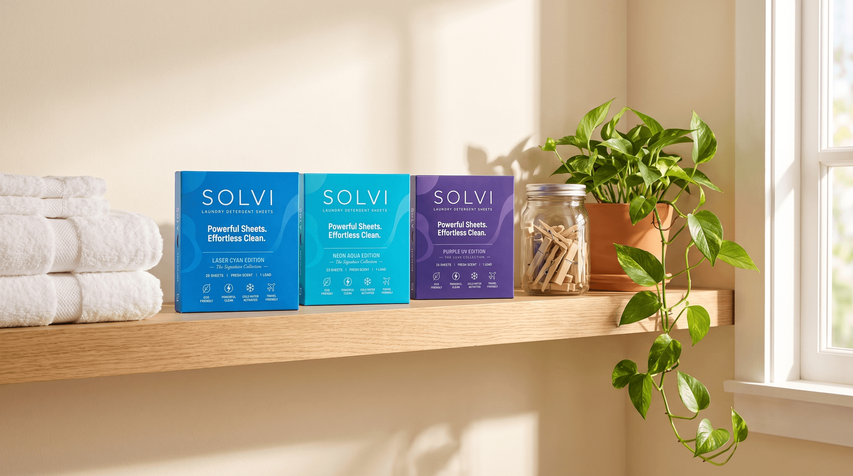 All three SOLVI editions on a sunlit laundry shelf