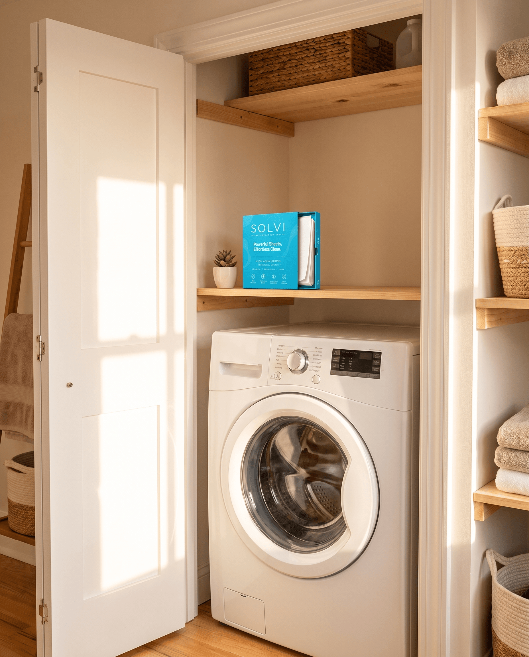 SOLVI carton on a narrow shelf in a compact apartment laundry closet